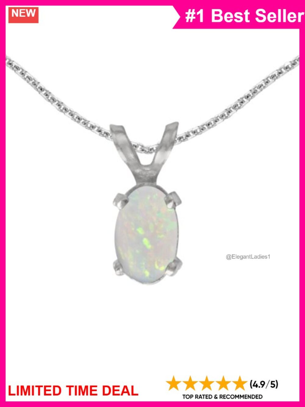 14k White Gold Oval Opal Pendant Necklace with 18 Inch Chain
